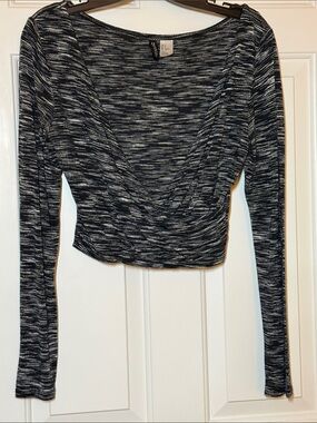 Divided Black & White Marled Wrap-Front Long Sleeve Crop Top